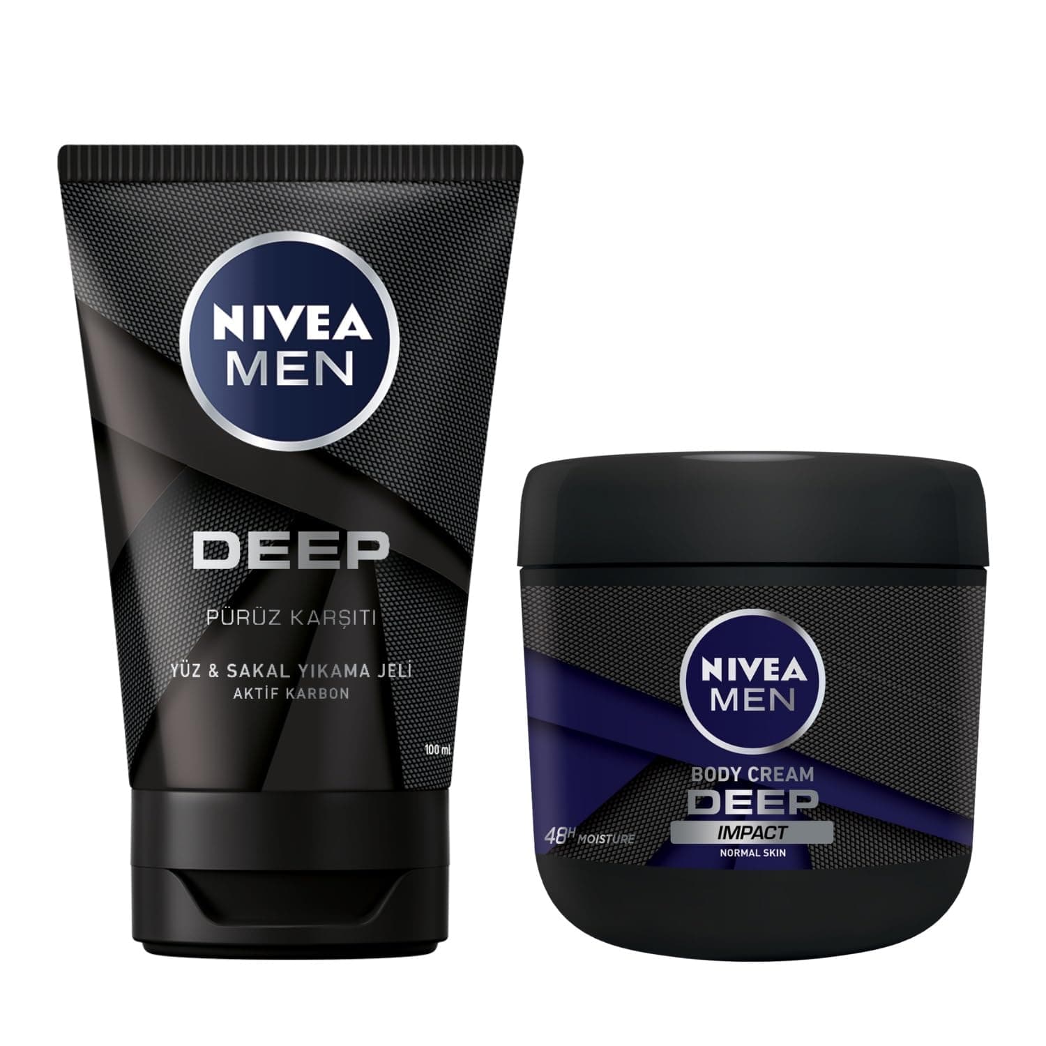 NIVEA Men Deep Dimension Yüz ve Sakal Temizleme Jeli, 100 ml, Aktif Karbon İçeriği ile Cildi Arındırır ve NIVEA Men Erkek El ve Vücut Bakım Kremi Deep Impact 400ml, Nemlendirici