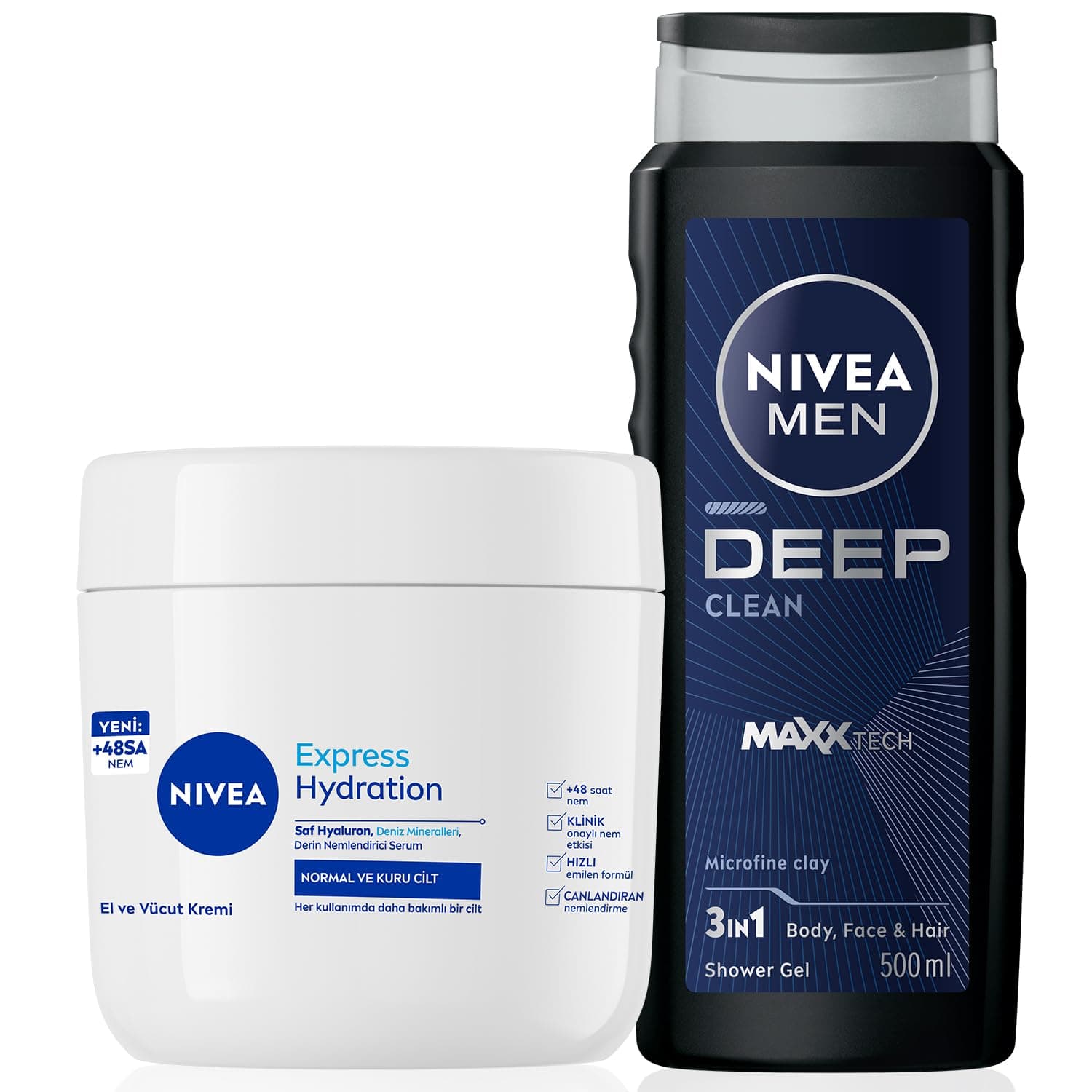 NIVEA Yoğun Nemlendirici El & Vücut Bakım Kremi 400ml, Normal/Kuru Ciltler 48 Saat Nemlendirme + NIVEA MEN Erkek Deep Dimension Duş Jeli 500 ml