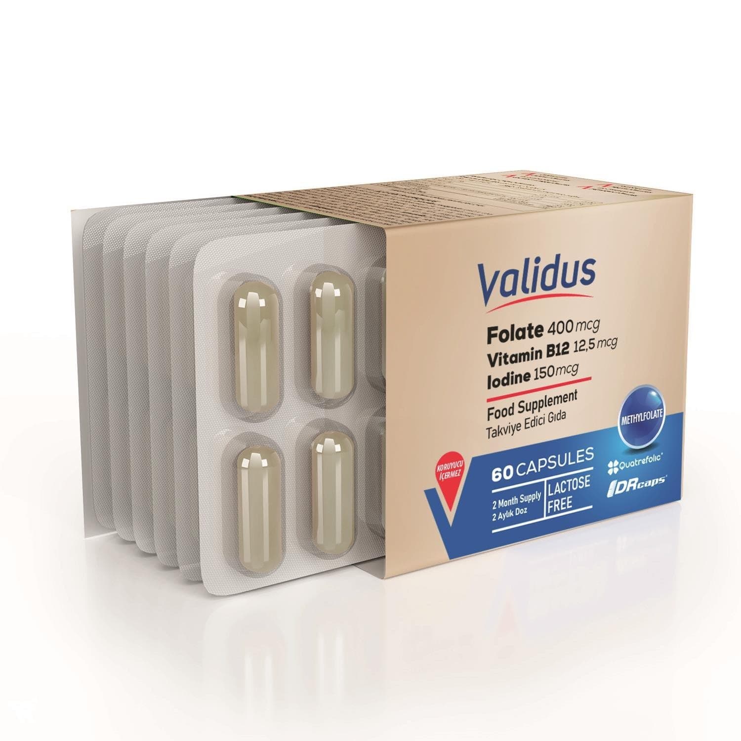 Validus Folat Quatrefolic 400 mcg + B12 Vitamini + B6 Vitamini + İyot Takviye Edici Gıda 60 Kapsül