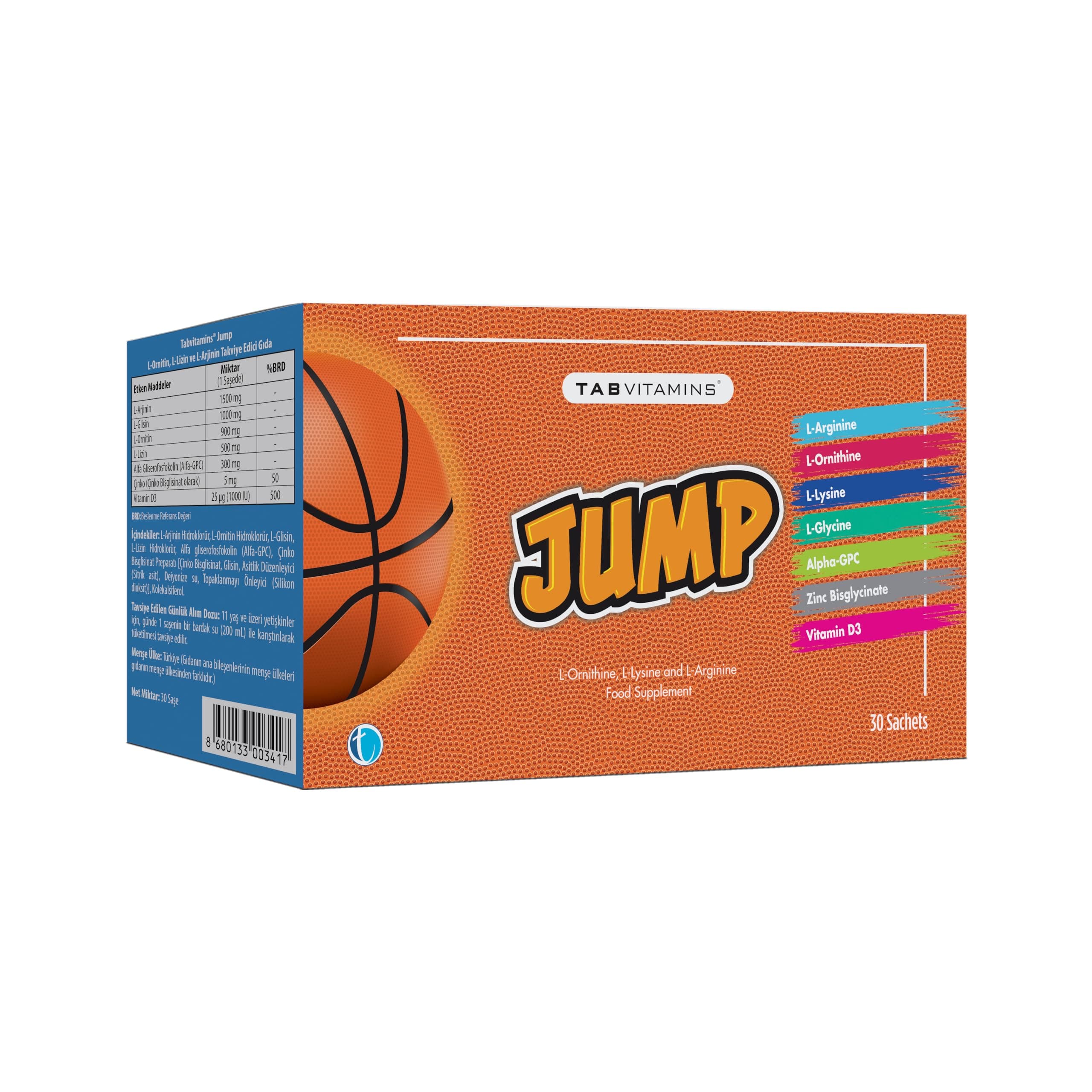 Tabvitamins Jump 30 Saşe L-Arjinin, L-Ornitin, L-Lizin, Alfa GPC