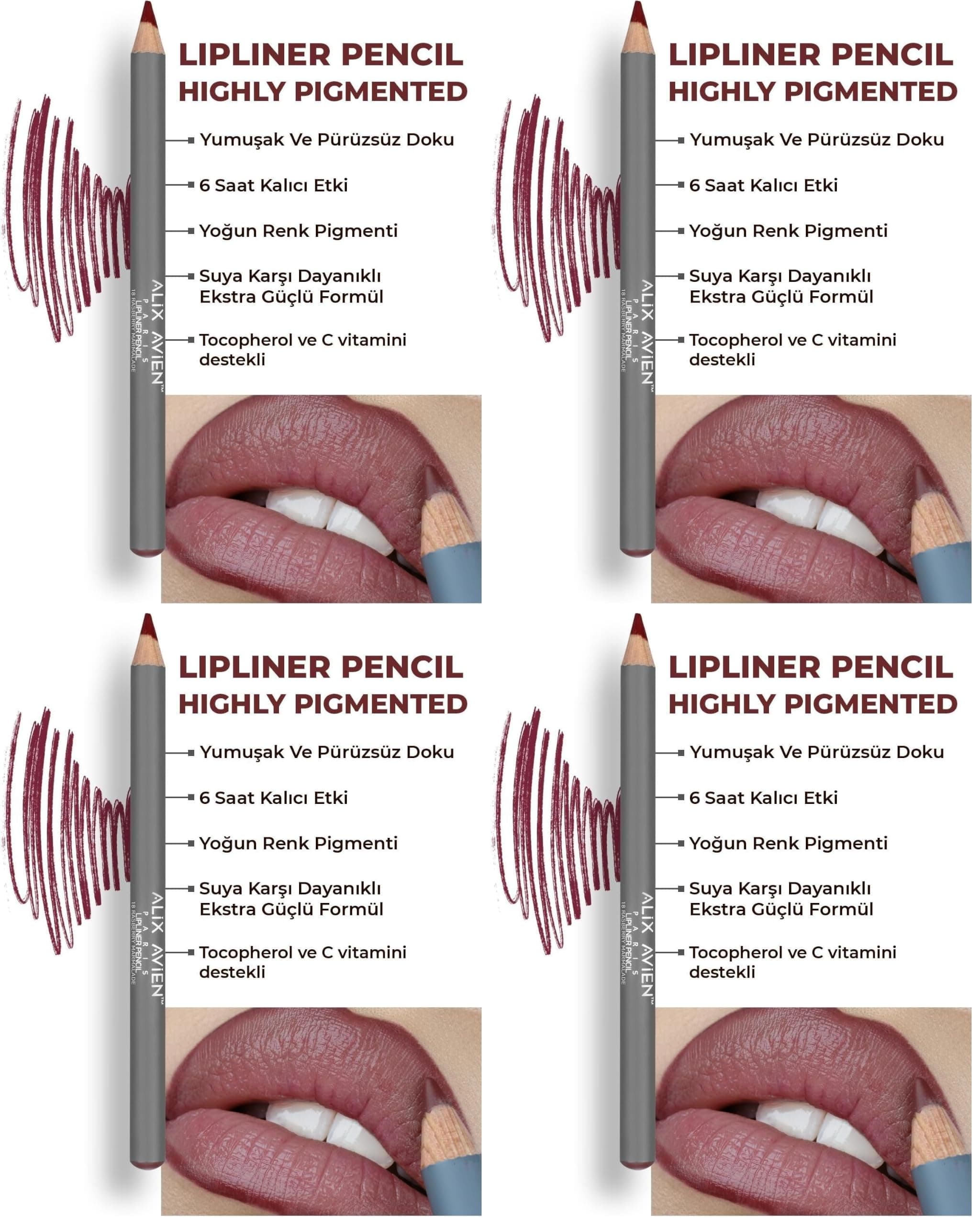 ALIX AVIEN Uzun Süre Kalıcı Dağılma Yapmayan Nemlendirici Dudak Kalemi - Lipliner Pencil 18 Raspberry Marmalade (4 paketi)