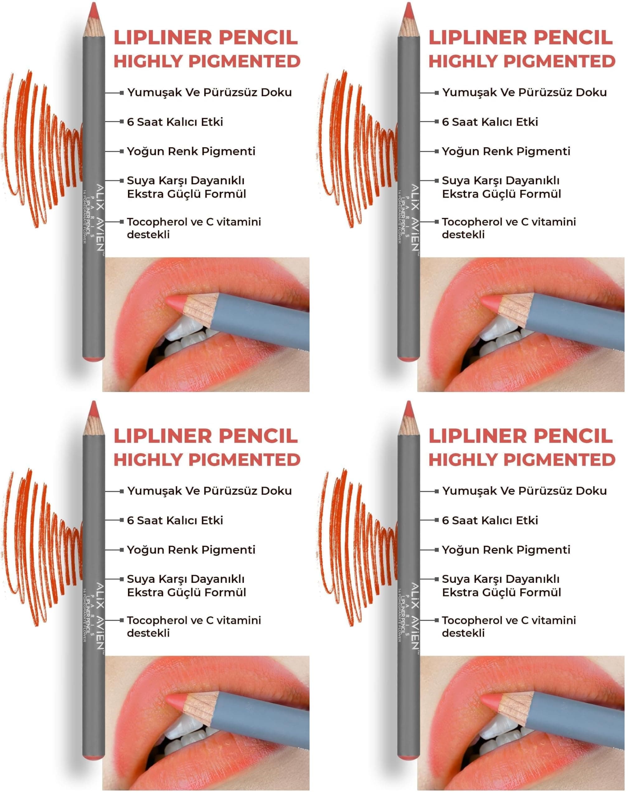 ALIX AVIEN Uzun Süre Kalıcı Dağılma Yapmayan Nemlendirici Dudak Kalemi - Lipliner Pencil 14 Pomegranate Flower (4 paketi)
