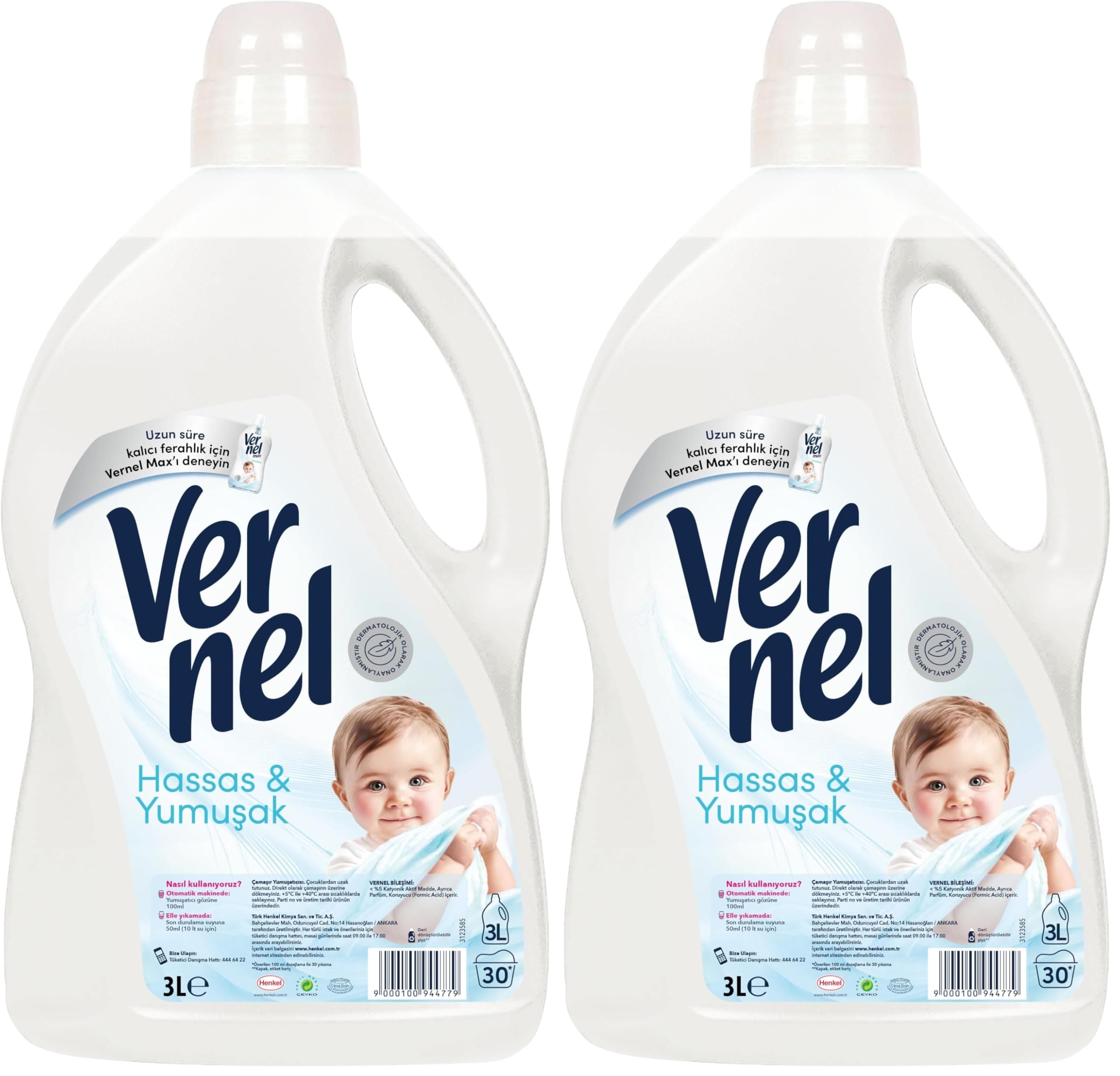 Vernel Hassas & Yumuşak Kalıcı Parfüm 30 Yıkama Çamaşır Yumuşatıcısı (1 x 3000 mL) 2li paket