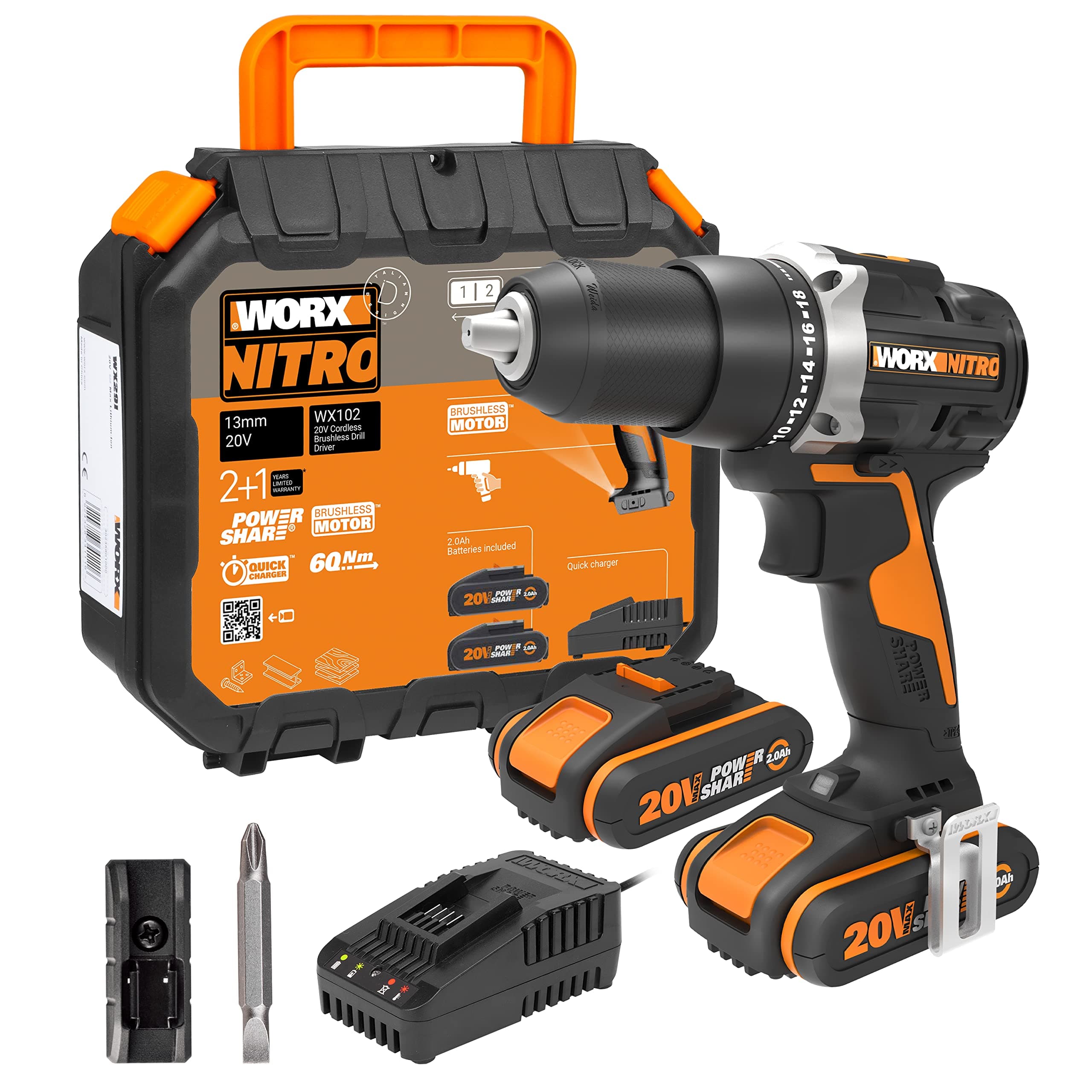 WORX WX102 20Volt/2.0Ah Li-ion Çift Akülü Kömürsüz Profesyonel Şarjlı Matkap