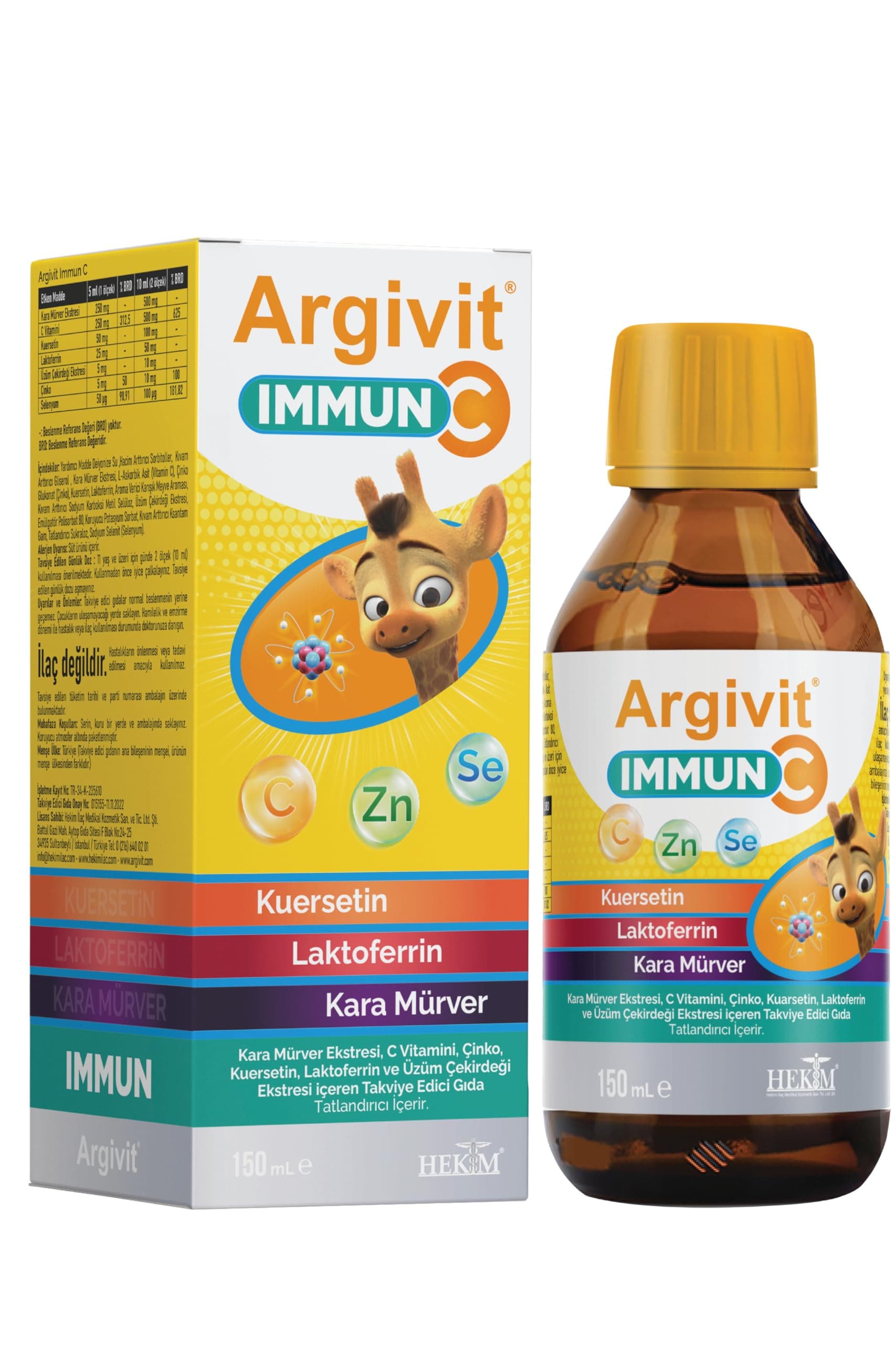 Argivit Immun C Şurup Kara Mürver, C Vitamini, Çinko, Kuersetin, Laktoferrin, Üzüm 150 ml Karışık Meyve Aromalı