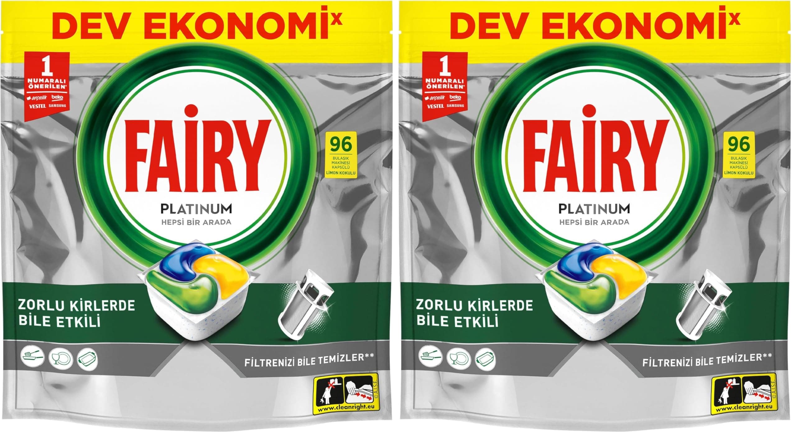 Fairy Platinum Bulaşık Makinesi Deterjanı Kapsülü/Tableti 96 Yıkama Limon Kokulu (2 paketi)