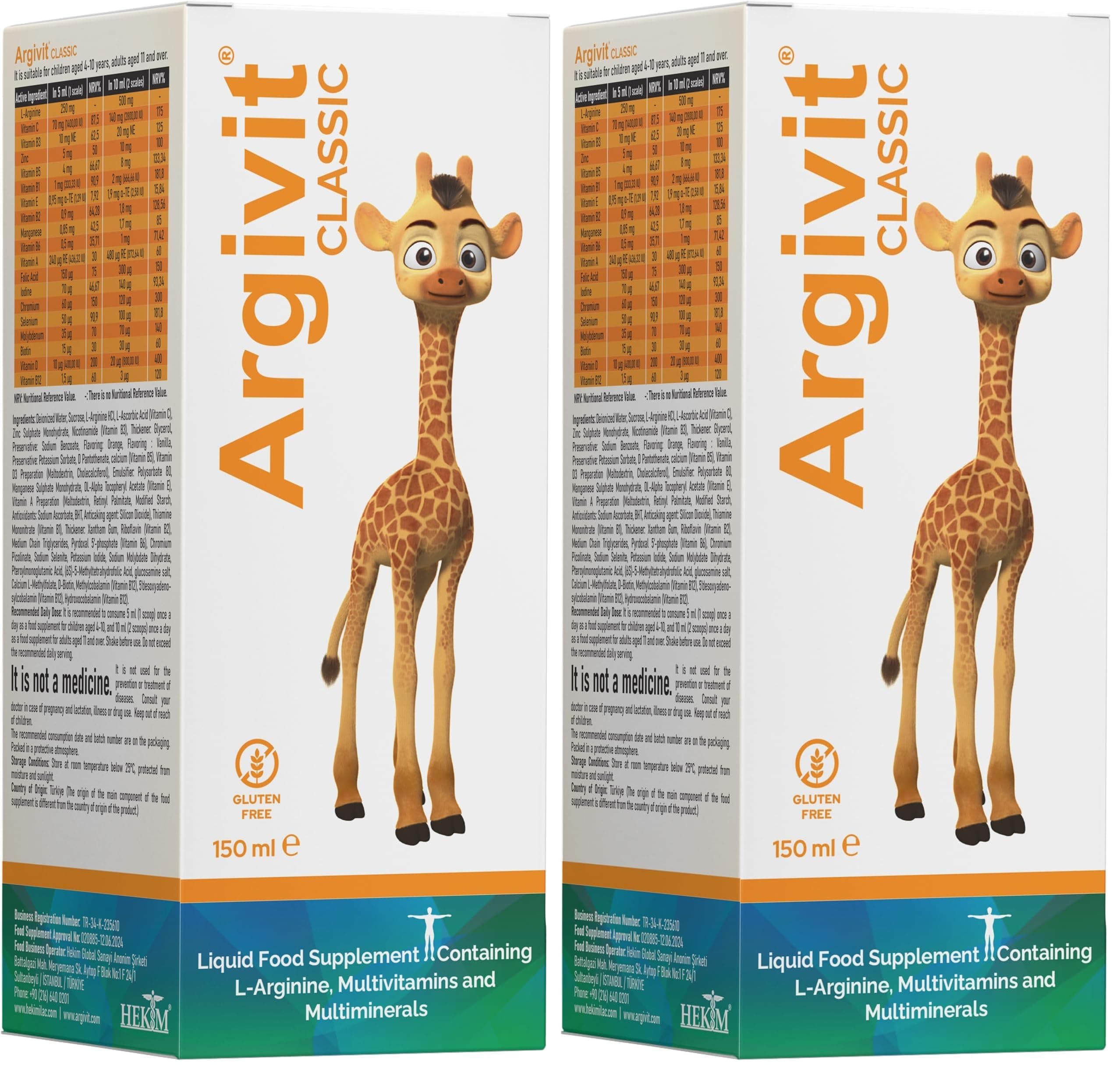 Argivit Classic LArjinin, Multivitamin ve Multimineral İçeren Sıvı Portakal ve Vanilya Aromalı 150 ml (2 paketi)