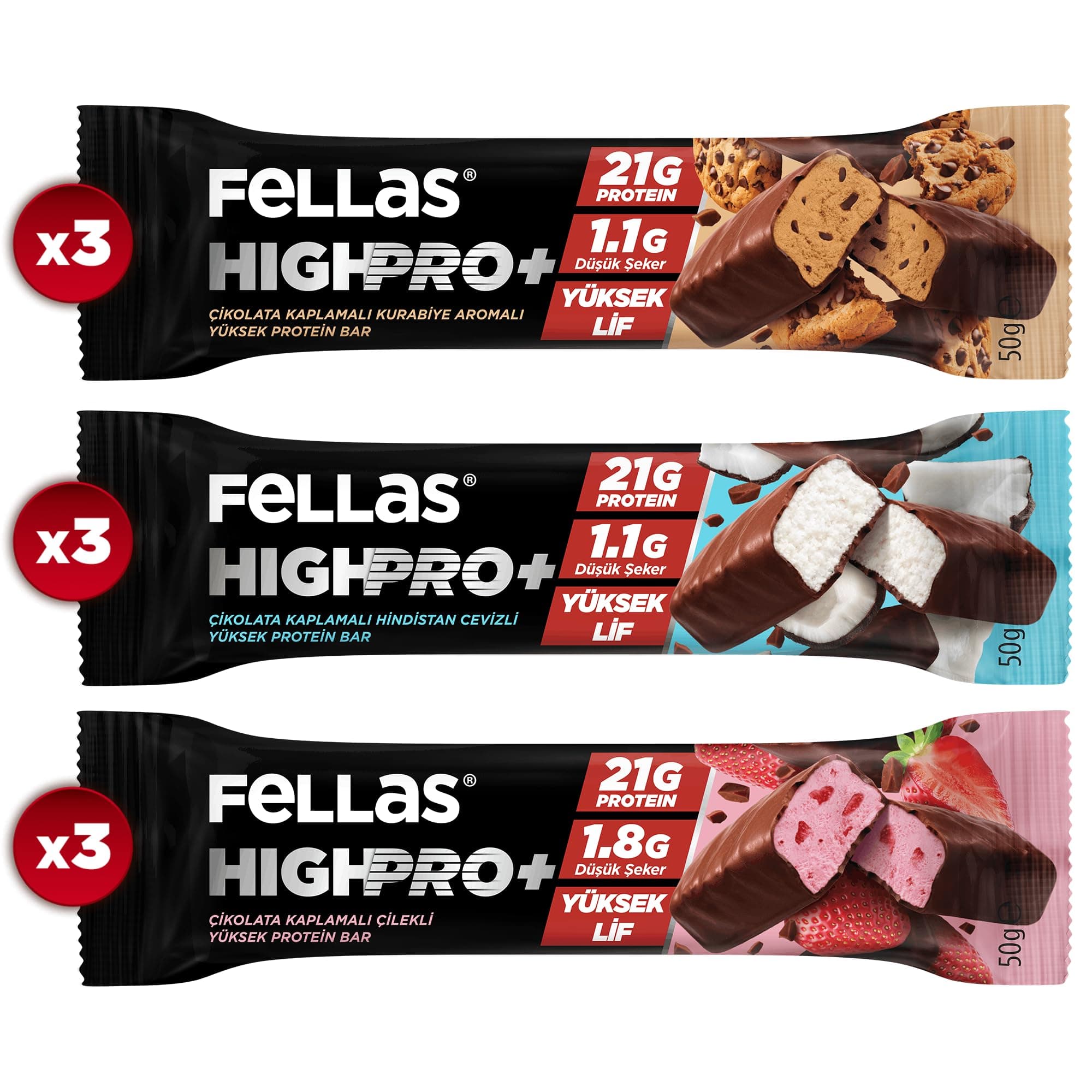Fellas Çikolata Kaplı HighPro+ Protein Bar (50 g) Karma Kutu (3 x 3)