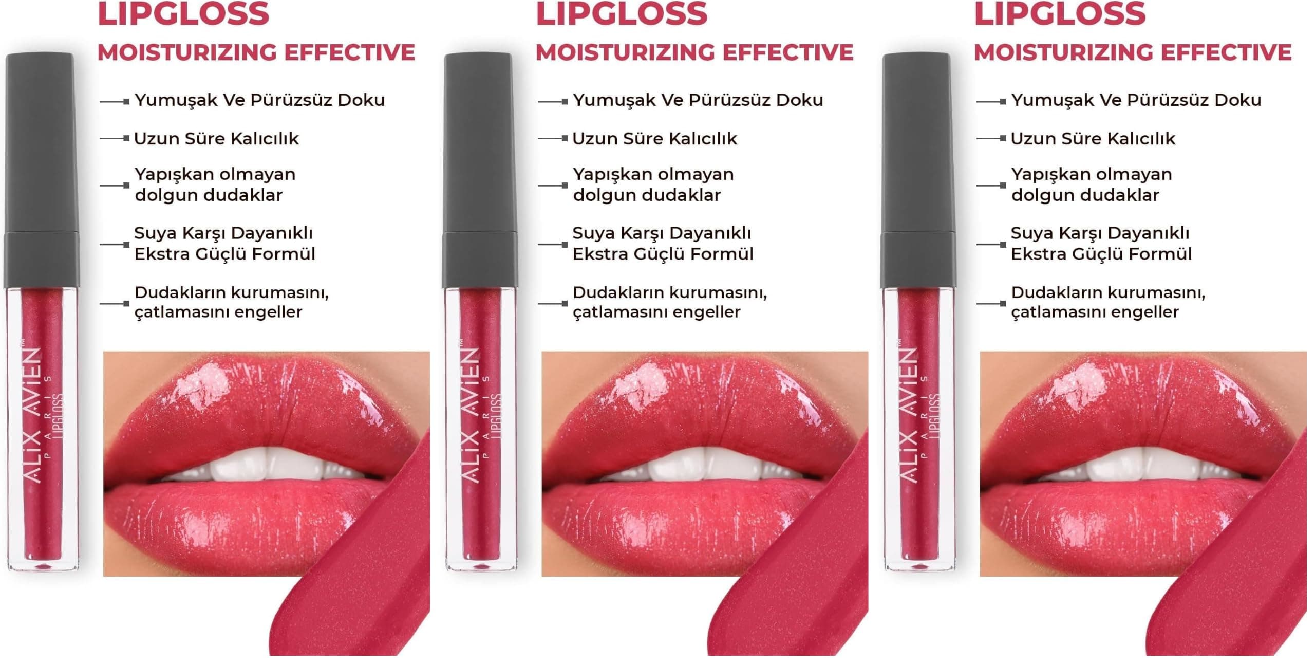ALIX AVIEN Uzun Süre Kalıcı Yapışkan His Bırakmayan Nemlendirici Dudak Parlatıcısı-lipgloss 12 Juicy Strawberry (3 paketi)