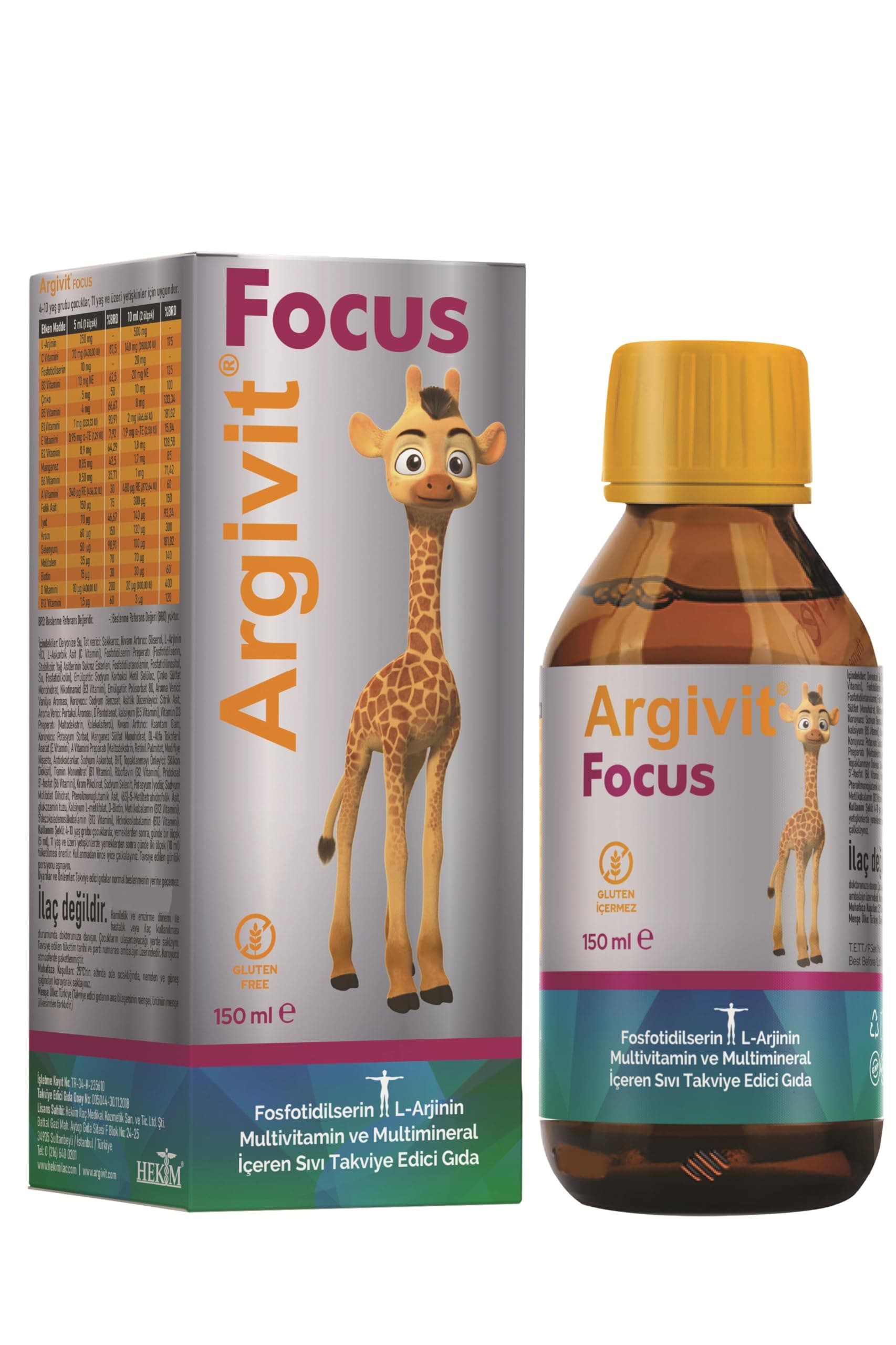 Argivit Focus Fosfotidilserin, L Arjinin, Multivitamin ve Multimineral İçeren Sıvı Portakal ve Vanilya Aromalı 150 ml