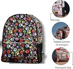 Design, Sırt Çantası – Laptop Bölmeli, Su Geçirmez Ön Cepli, 15" Uyumu, Termos Bölmeli, Ayarlanabilir Askılı, Ergonomik & Şık Tasarım, Renkli Pati