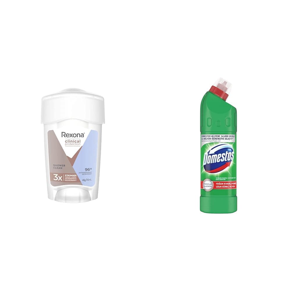 Rexona Clinical Protection Kadın Stick Deodorant Shower Clean 45 ml(1) Domestos Yoğun Kıvamlı Çamaşır Suyu Maksimum Hijyen Dağ Esintisi, 750 ml(2)
