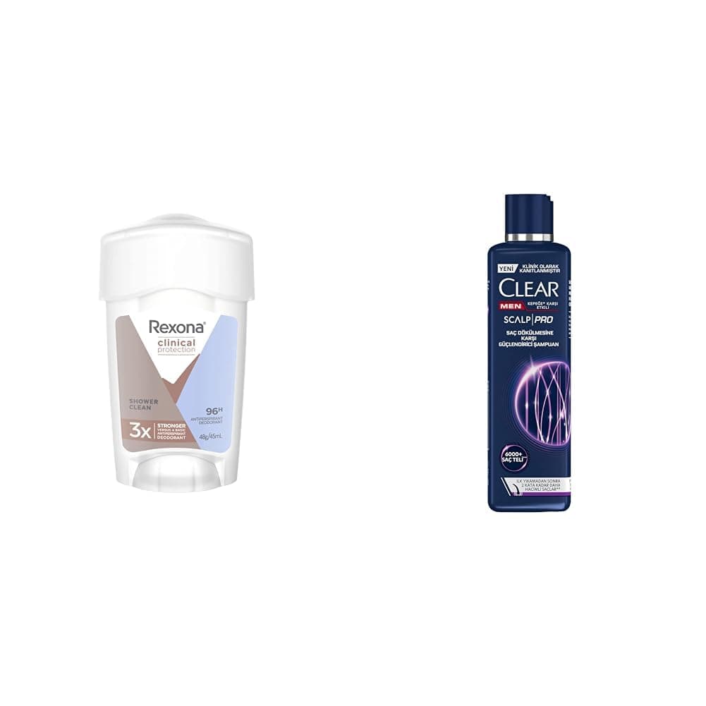 Rexona Clinical Protection Kadın Stick Deodorant Shower Clean 45 ml(1) Clear Men Scalp Pro Saç Dökülmesine Karşı Güçlendirici Şampuan Kepeğe Karşı Etkili 300 ml(1)