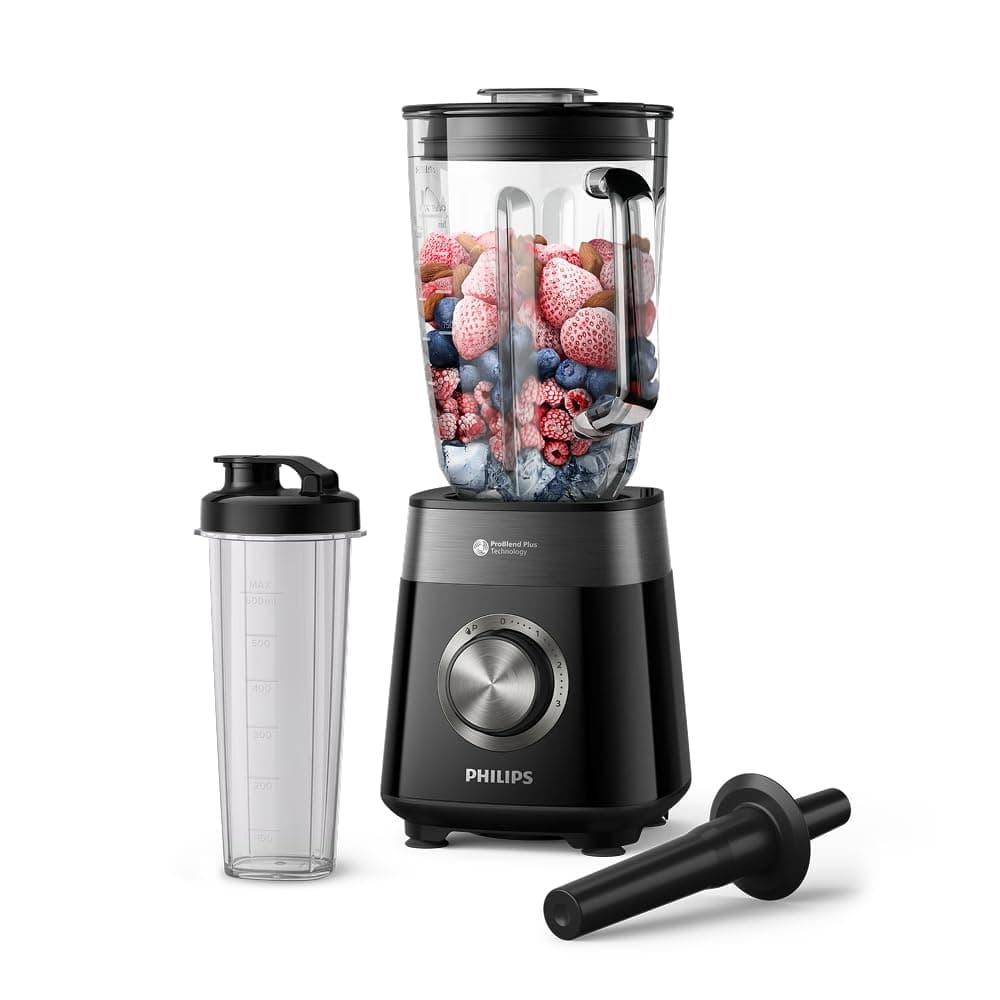 Philips Blender Series 5000 - Güç 1200W, Cam Hazne, 2L Toplam Kapasite, 3 Hız + Pulse, Karıştırma ve Yanınızda Götürme İçin Şişe Dahil, Kolay Temizlik, Siyah (HR3031/00)