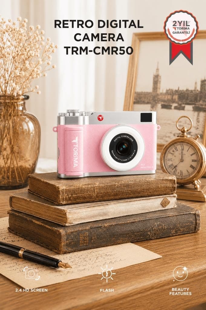 Mini Dijital Retro Kamera CMR50 Pembe 48MP Selfie Video Vlog Kamerası