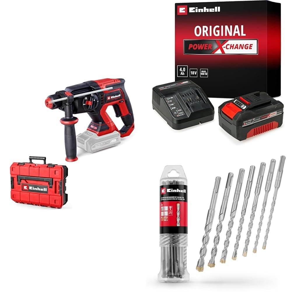 Einhell TP-HD 18/22 D Li BL - Solo Akülü Kırıcı Delici + 18V 4,0 Ah PXC Starter Kit, Akü ve Şarj Cihazı + SDS PLUS uç seti 7 parça, 6-14/160 mm