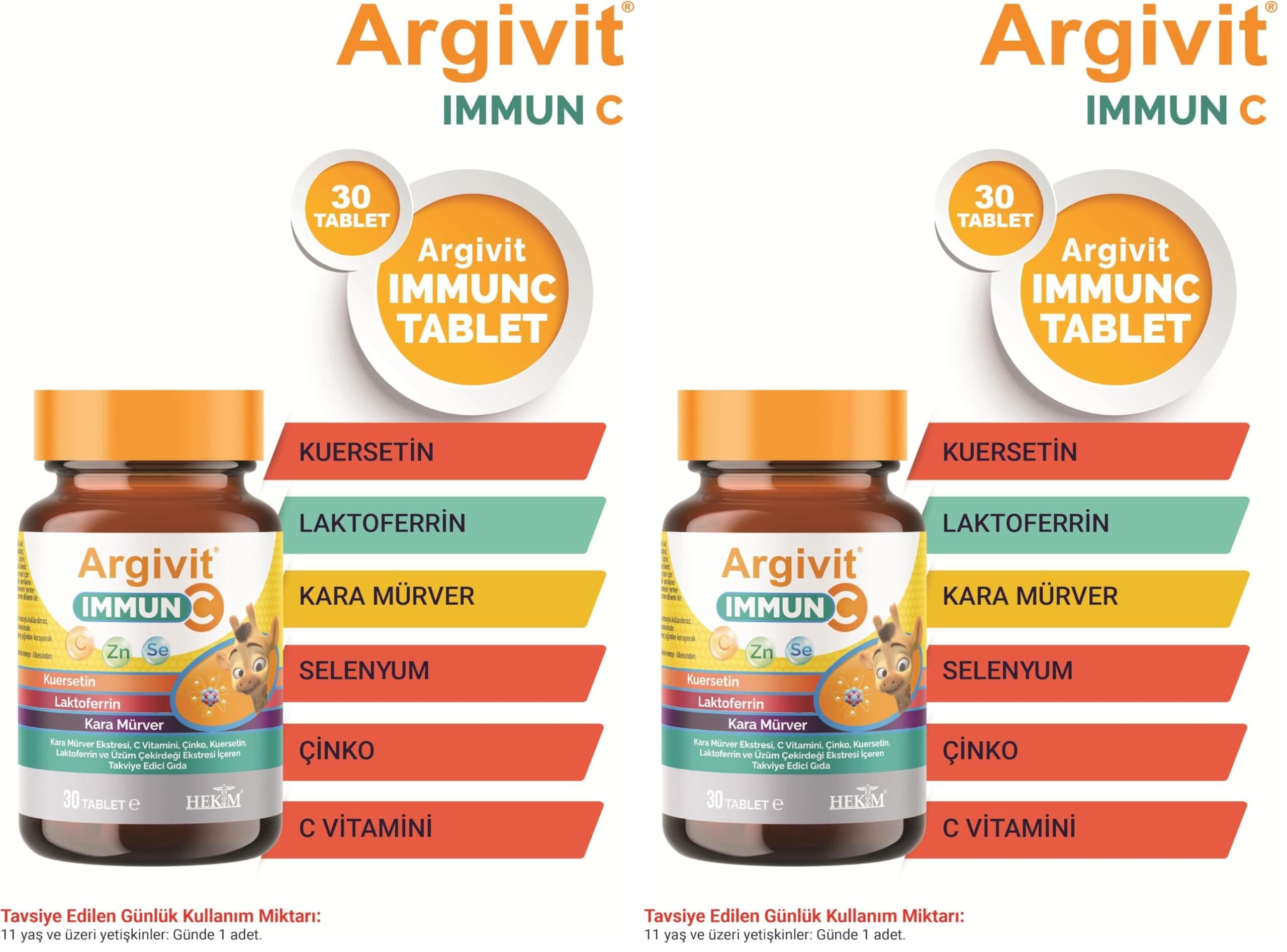 Argivit Immun C Tablet Kara Mürver, C Vitamini, Çinko, Kuersetin, Laktoferrin, Üzüm 30 Tablet (2 paketi)