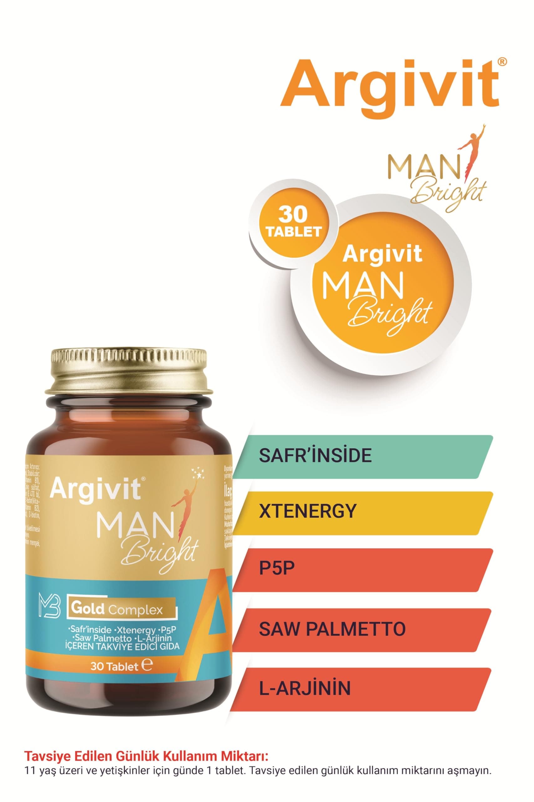 Argivit Man Bright Tablet Cüce Palmiye Saw Palmetto, Safran, Isırgan ve L Arjinin 30 Tablet