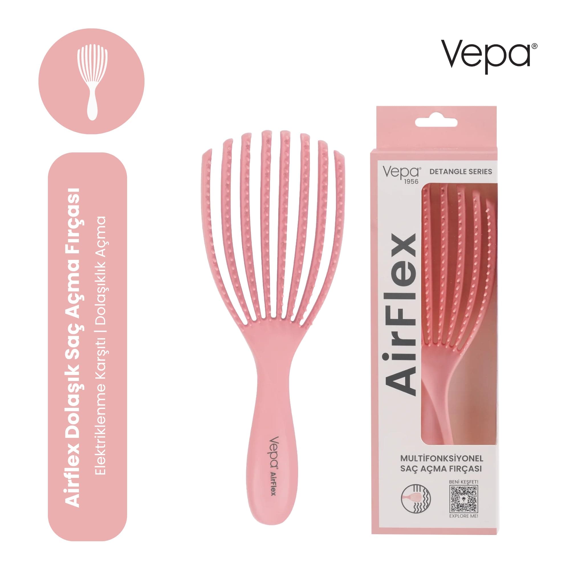 Vepa Airflex Dolaşık Saç Açma Fırçası, Kolay Tarama, Elektriklenme Önleyici Tarak (PEMBE)
