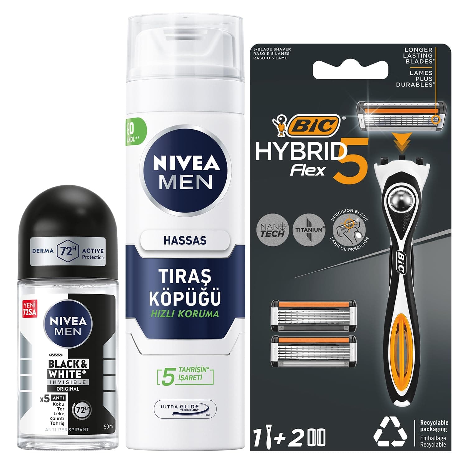 NIVEA MEN Erkek Roll On Deodorant Black & White Invisible Original 50 ml + Tıraş Köpüğü 200 ml + BIC Hybrid 5 Flex Erkek Tıraş Bıçağı 1 Sap ve 2 Yedek Başlık (5 Bıçak)