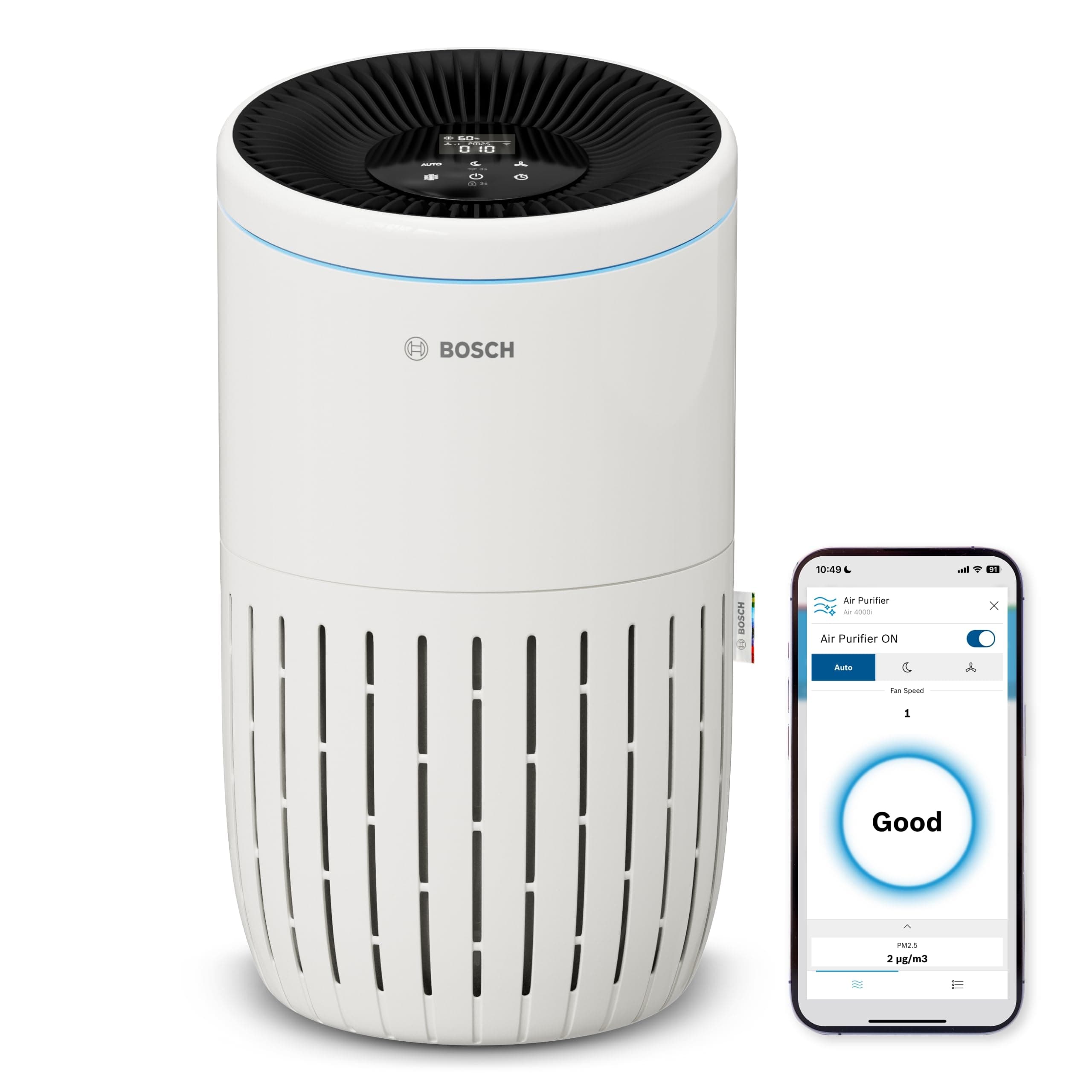 Bosch Air 4000i akıllı hava temizleyici – 62,5 m² kapsama alanı – Zararlı maddelerin%99'undan fazlasını etkili bir şekilde filtreler - Oto/Uyku modu (< 25 dB(A)) - CADR: 300 m³/sa - Ekran ve uygulama