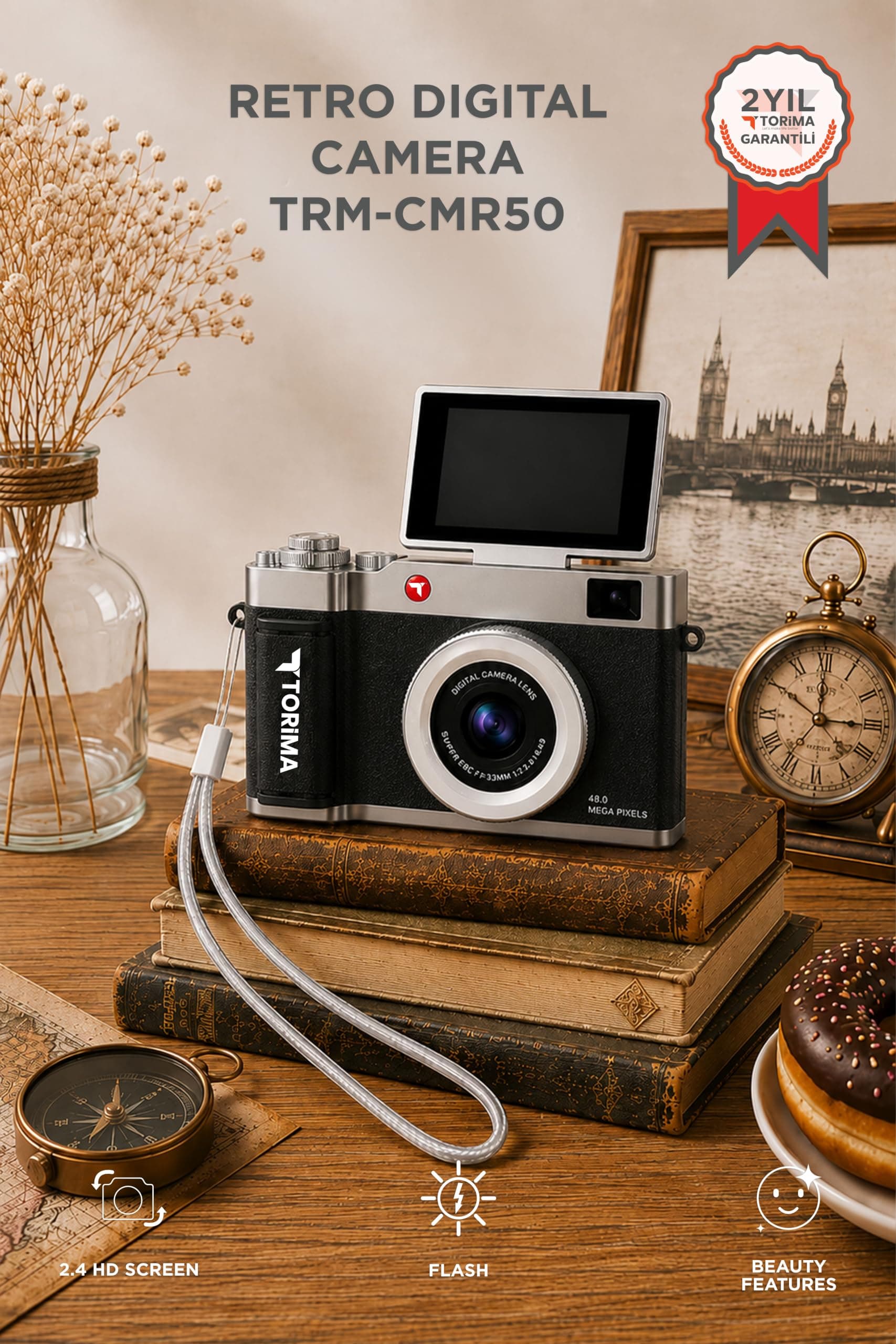 Mini Dijital Retro Kamera CMR50 Siyah 48MP Selfie Video Vlog Kamerası
