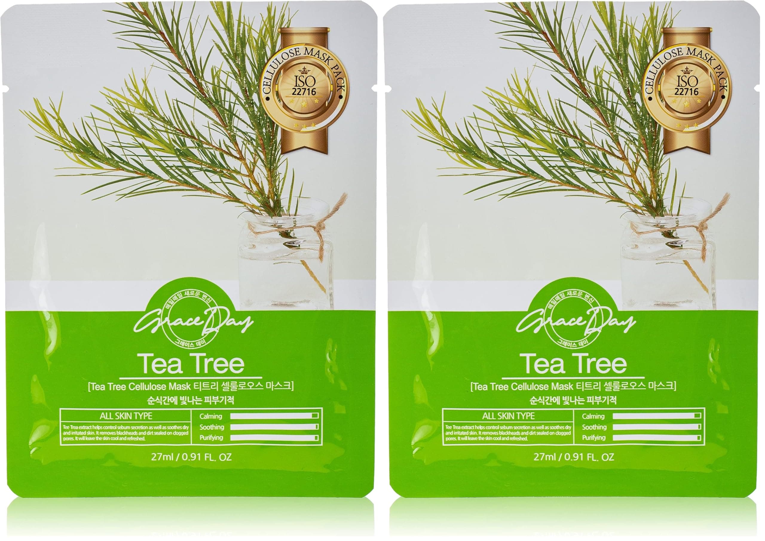 Grace Day Problemli Ciltler Için Çay Ağacı Yağı İçeren Selüloz Maske Tea Tree Mask 8809446653175, One Size (2 paketi)