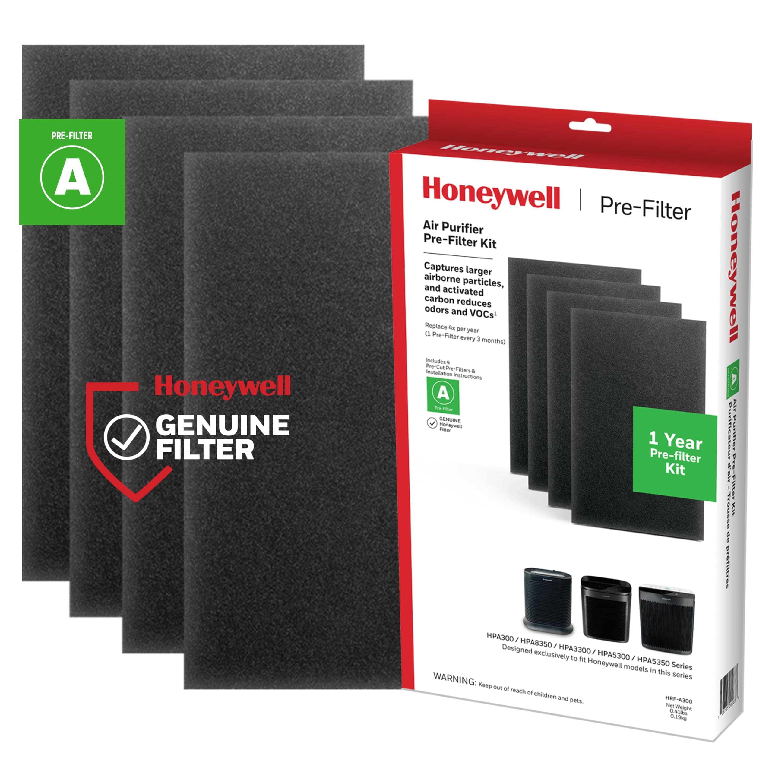 Honeywell HRF-A200 Hava Temizleyici Ön Kit Filtresi, 4'lü Paket - Alerjen Hava Filtresi Toz, VOC, Evcil Hayvan, Mutfak ve Orman Yangını/Duman Kokularını Hedefler
